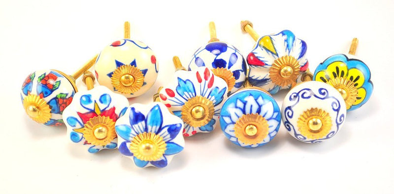 Parijat Handicraft set of 10 blue & white floral ceramic cupboard cabinet knobs drawer pulls Small 1.5" diameter