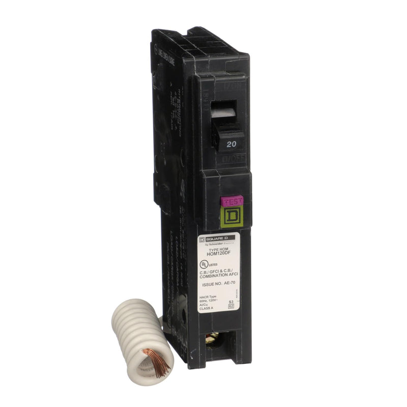 Square D by Schneider Electric Homeline 20 Amp Mini Circuit Breaker, 1 Pole, 120V AC, 10kA Breaking Capacity, Plug in Mount, Combo ARC/Ground Fault, Residential Use (HOM120DFC) 1" format