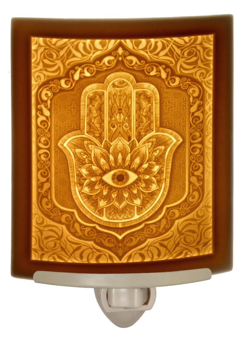 The Porcelain Garden Hamsa - Curved Fine Porcelain Lithophane Night Light, Decorative Wall Plug in Nursery, Bedroom Kitchen, Bath, Hallway Evil Eye, Eye of Fatima, Religious Themed Accent Light