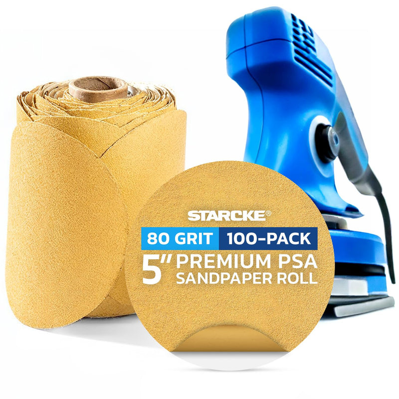 5 inch Sanding Discs 80 Grit Sandpaper Discs PSA Adhesive Sandpaper Roll No Hole - Disc Gold Round Sanding Paper, Durable Sand Paper for Wood, Auto Body, Metal, Marine Paint for Smooth Surfaces 5 Inch / 80 Grit 100.0