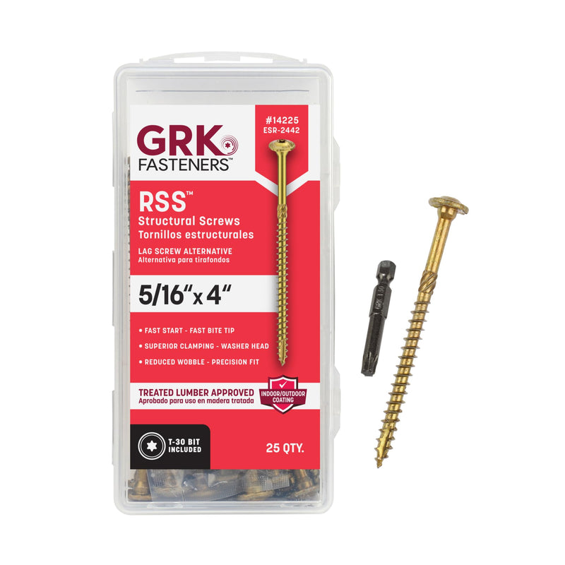 GRK Fasteners RSS™ 5/16 x 4 Inch, Rugged Structural Screws, 25 PCS, Rust Resistant Climatek™ Coating, Interior and Exterior Use, Heavy-Duty Framing & Decking Screws, Fast Bite Tip with Star Drive 5/16" x 4" 25.0