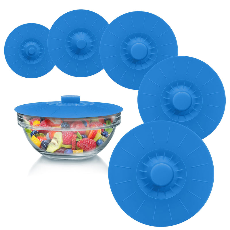 Silicone Bowl Lids Blue Set of 5 Reusable Suction Seal Covers for Bowls, Pots, Cups. Food Safe. Natural grip, interlocking handles for easy use and storage. 5 Piece Blue Translucent