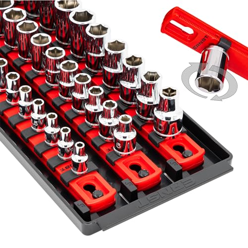 Ernst Manufacturing 8490 Socket Boss: 3-Rail Socket Organizer Tool Tray with 40 Clips (1/4", 3/8", 1/2") - Red, 13-Inch Rails for Toolbox Storage - Made in USA