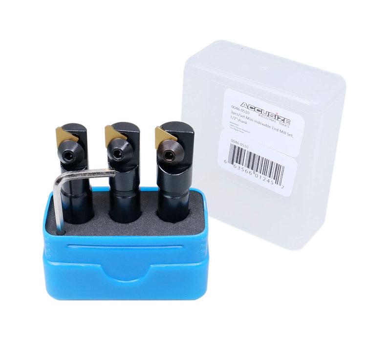 Accusize Indexable End Mill Set, 1/2" Shank, 0046-0510 | 3 Pc Miniature Set, 1/2", 9/16" & 5/8" Cutters, TPG22 Inserts, 3" OAL, Fitted Case