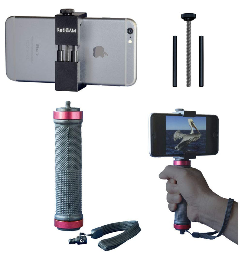 RETICAM® Smartphone Tripod Mount with Hand Grip - All Metal Heavy-Duty Hand Held Stabilizer and Tripod Mount for Smart Phones and Cameras - HG30, Aluminum, Red