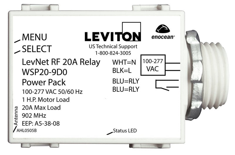 Leviton LevNet RF 902 MHz Line Voltage Relay Receiver in 100-277V, 50/60 Hz, WSP20-9D0