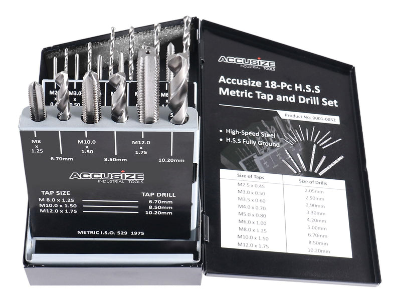 Accusize Industrial Tools HSS Tap and Drill Set, Metric, 18 Pc, 0001-0052 | 18 Pc HSS Tap and Drill Set, Metric, Taps: M2.5x0.45 to M12x1.75, Drills: 2.05 to 10.20 mm, Fully Ground