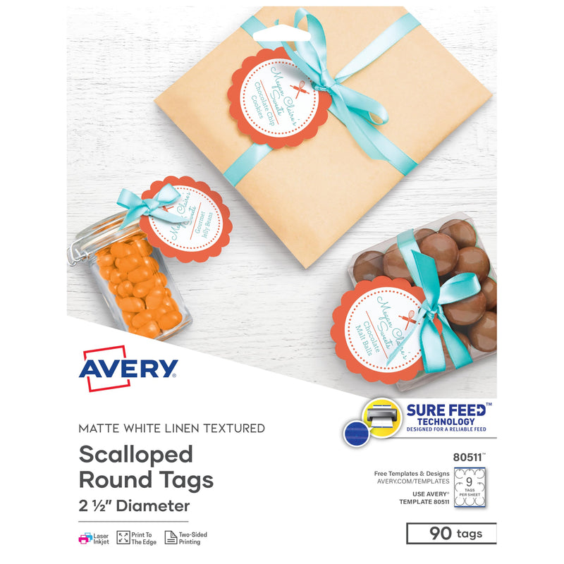 Avery Printable Blank Scallop Round Gift Tags with Sure Feed, 2.5" Diameter, Textured White, 90 Customizable Tags (80511) 90 Tags
