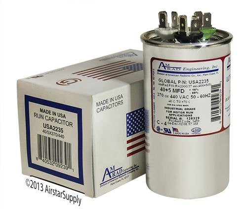 Replacement - 40 + 5 uf / Mfd 370 / 440 VAC AmRad Round Dual Universal Capacitor , Made in the U.S.A.