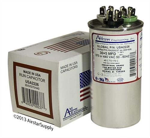 Goodman CAP050300440RSP Replacement - 30 + 5 uf/Mfd 370/440 VAC AmRad Round Dual Universal Capacitor, Made in The U.S.A.