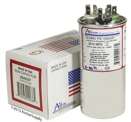 Goodman CAP050350440CS Replacement - 35 + 5 uf / Mfd 370 / 440 VAC AmRad Round Dual Universal Capacitor , Made in the U.S.A.
