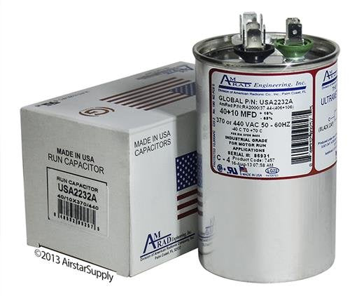 Payne - 40 + 10 uf/Mfd 370/440 VAC AmRad Replacement Round Dual Universal Capacitor - Made in The U.S.A.