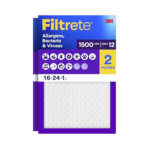 Filtrete 16x24x1 Air Filter, MERV 12, MPR 1500, Allergens, Bacteria & Viruses, 3-Month AC and Furnace Filters, Cleaner Air, Reliable Airflow, 2 HVAC Filters (Actual Size 15.81 x 23.81 x 0.78 in)