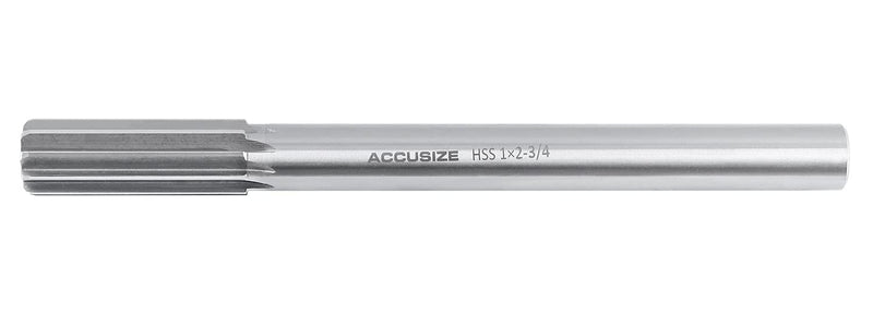Accusize Industrial Tools 1'' H.S.S. M2 Straight Shank Straight Flute Chucking Reamer, Flute Length 2-3/4'', Oal 10-1/2'', 8 Flute, 5015-0285 | 1" HSS M2 Straight Shank Straight Flute Chucking Reamer, Flt Len 2-3/4", OAL 10-1/2", Right Hand Cut, 8 Flute