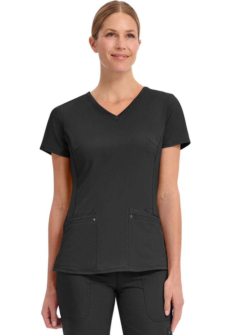 Healing Hands Women's Scrub Top V-Neck with 2 Pockets, 2-Way Stretch, and Yoga Knit Side Panels for Slim Fit- 2245 Medium Black