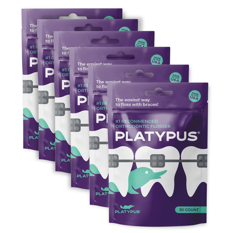 Platypus Orthodontic Flossers for Braces, 30 Count (Pack of 6), Ortho Picks for Adults & Kids, Fits Under Arch Wire, Non-Damaging, Encourage Flossing Habits Unflavored 30 Count (Pack of 6)