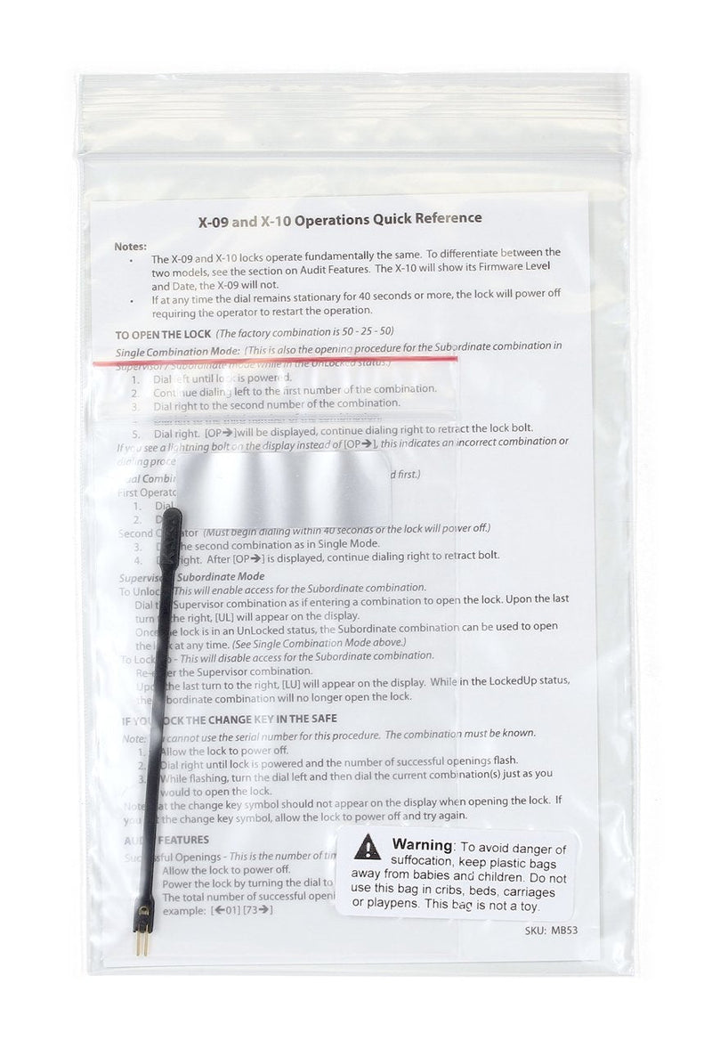 X-09 / X-10 Safe Lock Change Key and Quick Reference