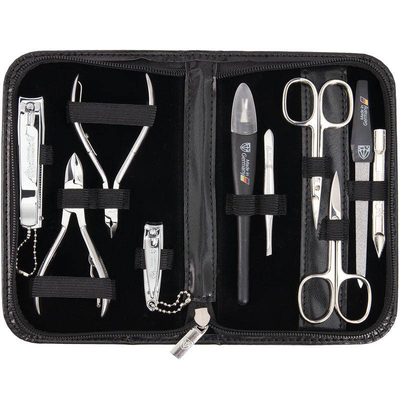 3 Swords Germany - brand quality 10 piece manicure pedicure grooming kit set for professional finger & toe nail care scissors clipper fashion leather case in gift box, Made by 3 Swords (00286) Black