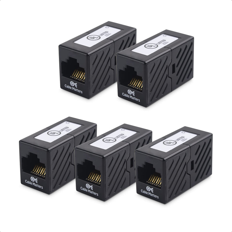 Cable Matters [UL Listed] 5-Pack 10Gbps Cat 6 Ethernet Coupler (RJ45 Coupler, Cat6 RJ45 Female to Female Adapter, Ethernet Extender Adapter) in Black, Compatible with Cat6A, Cat5e