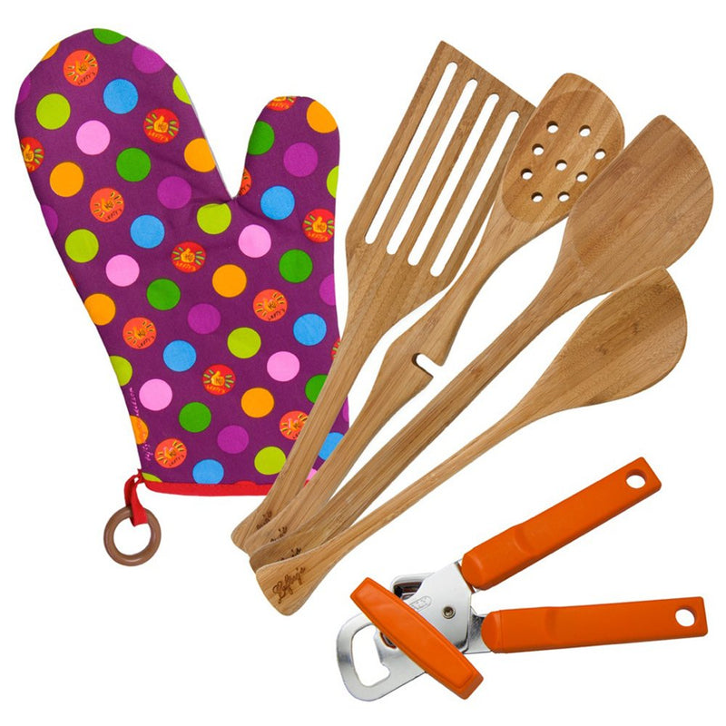 Lefty's Kitchen Tool Set Includes Left Handed Can Opener, Oven Mitt and 4 Bamboo Utensils, 6 Pcs.