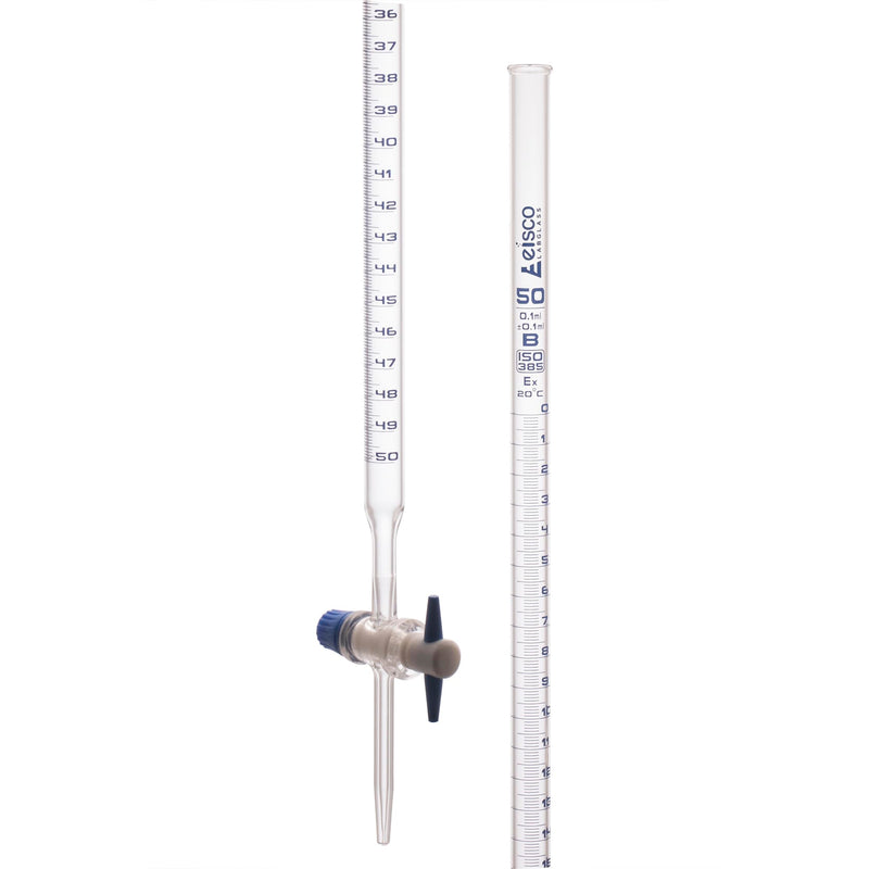 EISCO Burette, 50mL - Class B - with PTFE Stopcock - Blue Graduations - Borosilicate Glass