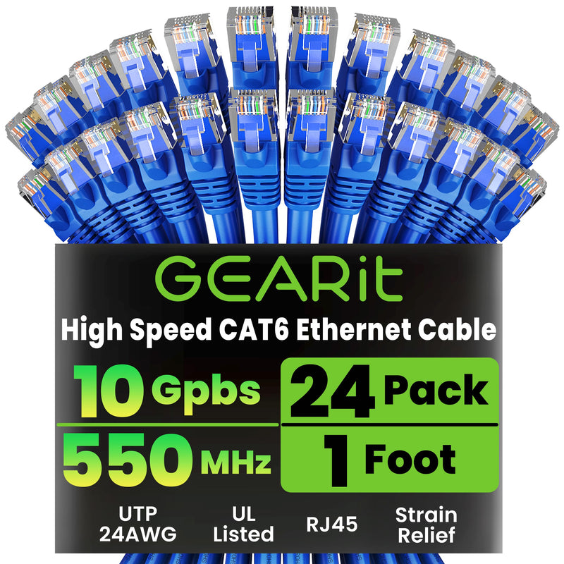 GEARit Cat6 Patch Cables Cat 6 Ethernet Cable Snagless 1 ft 24-Pack Blue 1 Foot
