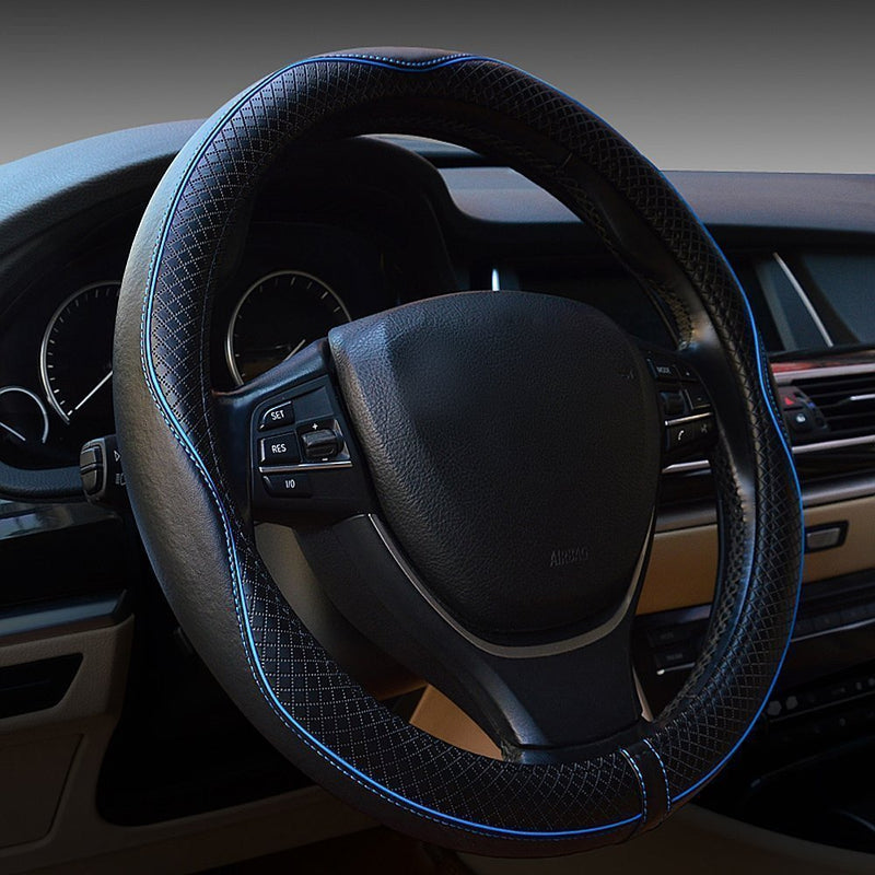 Car Steering Wheel Cover, Anti-Slip, Safety, Soft, Breathable, Heavy Duty, Thick, Full Surround, Sports Style (Black Blue) Black With Blue Line
