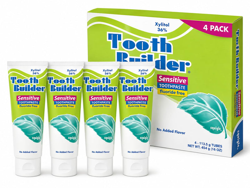 Squigle Tooth Builder SLS Free Toothpaste (Stops Tooth Sensitivity) Prevents Canker Sores, Cavities, Perioral Dermatitis, Bad Breath, Chapped Lips, 4 oz (16 Ounce (Pack of 4), Unflavored) 4 Ounce (Pack of 4)