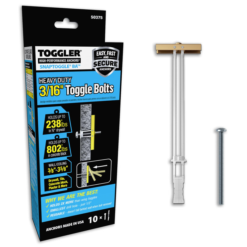 TOGGLER SNAPTOGGLE Heavy-Duty Drywall Toggle Bolt – 3/16"-24 UNC Zinc-Plated Anchor for Hollow Walls, Plaster & Tile – Holds 238 lbs in 1/2" Drywall, Easy Install – 2 Pack (Bolts Included) 20 w/ Round Head Bolts