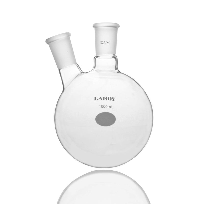 Laboy Glass 1000mL 2-Neck Round Bottom Boiling Flask, Heavy Wall Borosilicate 3.3 with 24/40 Center & Angled Side Joints, Heating/Reaction Flask for Organic Chemistry Capacity of 1000mL