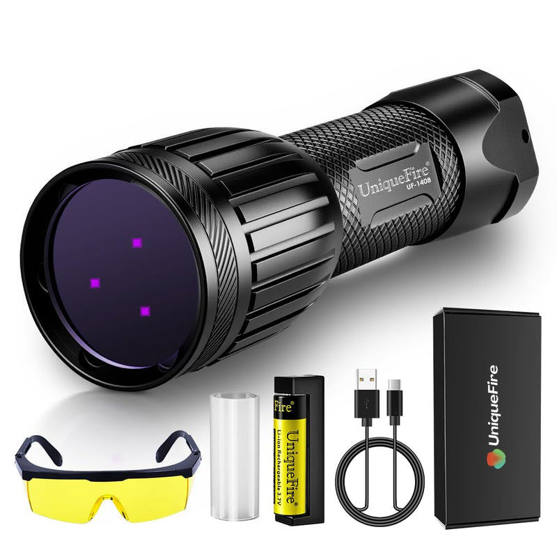 UniqueFire 1408 365nm Black Light UV Flashlight with 3 LEDs Professional UV Light,Powerful Blacklight Flashlight for Pet Urine Finding & Mineral, Antique Detection, Scorpion Search, etc Torch With T-C battery
