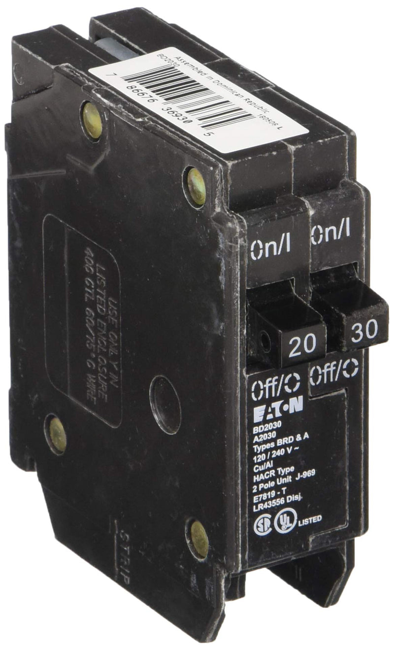 EATON BD2030 Type Bd Twin Circuit Breaker, 120 Vac, 20/30 A