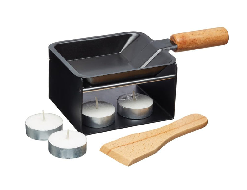 Artesà Mini Raclette Grill Cheese Individual Set for 2, Small Iron Cheese Fondue Melter, Metal Rack with Non Stick Pan, Wooden Spatula and 2 Candles Mini Raclette Grill Set