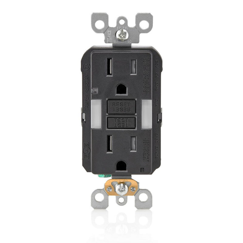 Leviton Self-Test SmartlockPro Slim GFCI Tamper-Resistant Receptacle with Guidelight and LED Indicator, 15 Amp, GFNL1-E, Black