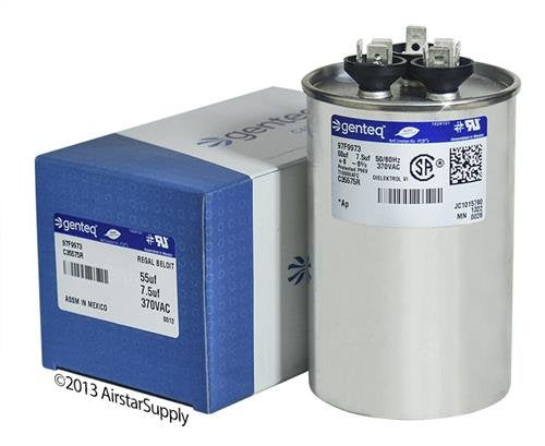 GE/Genteq Z97F9973/97F9973-55 + 7.5 uf MFD 370 Volt VAC Genteq Replacement Round Dual Run Capacitor