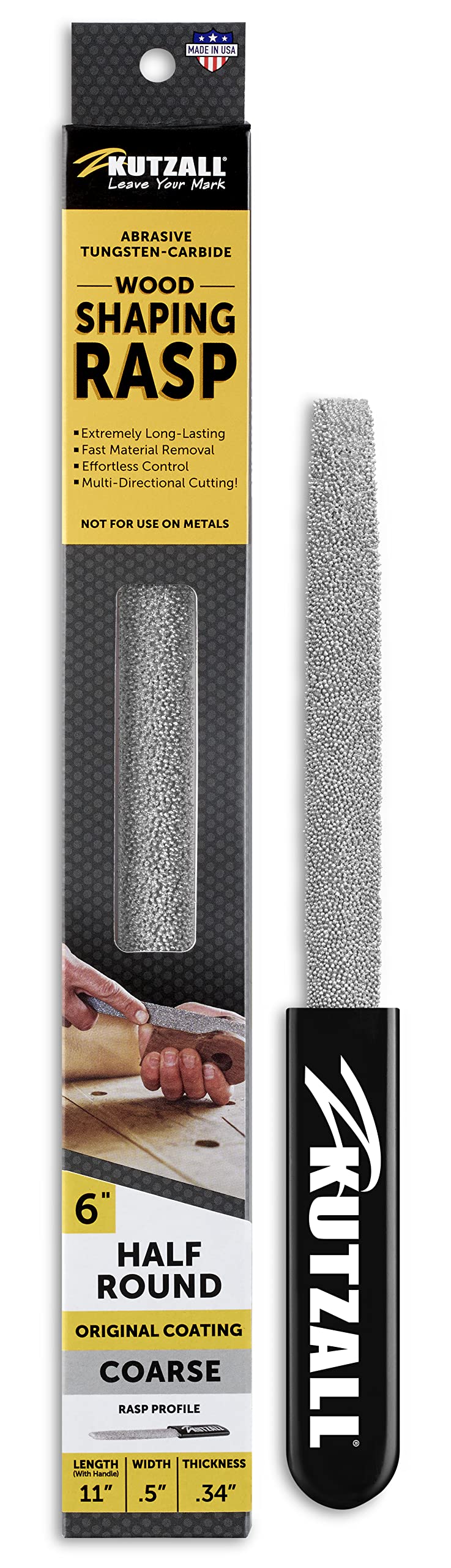 Kutzall Original 6" Half-Round Hand Rasp - Coarse, Wood Rasp/File for Woodworking & Shaping, W/Ergonomic Soft Grip Handle, Abrasive Tungsten Carbide Coating - 11" (279.4mm) Overall Length - HR6330 Half-Round - Coarse 6" (152.4mm) Length