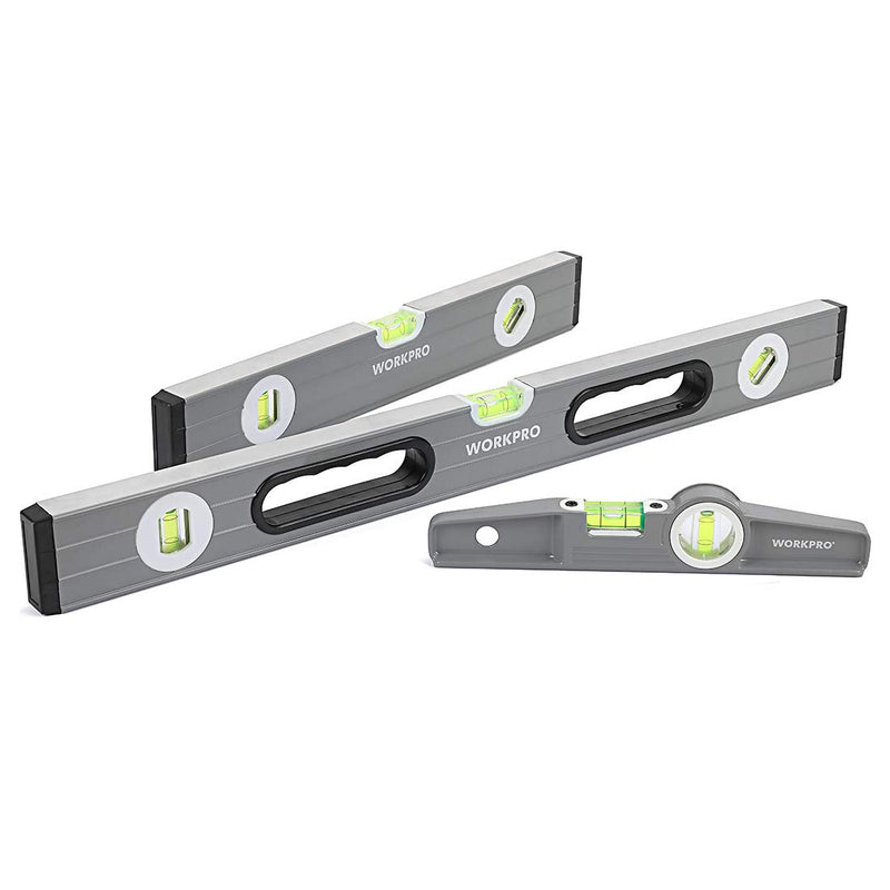 WORKPRO Torpedo Level, 3-Piece Spirit Level Set, 9"(Magnetic), 16"(Non-magnetic), 24"(Non-magnetic), Bubbles Measuring, Clear