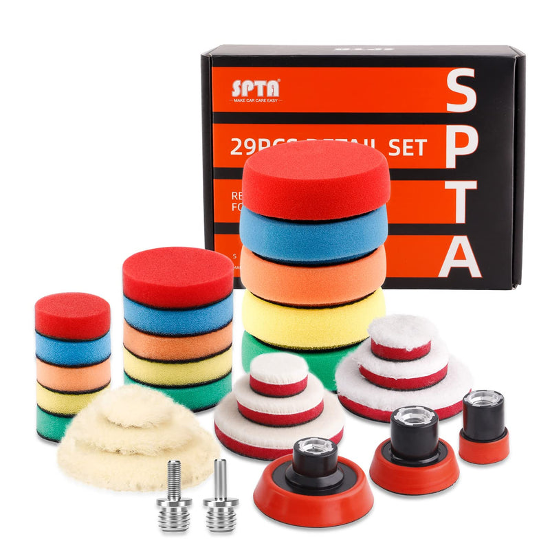 SPTA 29pcs Drill Buffing Pad Detail Polishing Pad Mix Size Kit with 5/8-11 Thread Backing pad & Adapters for Car Sanding, Polishing, Waxing, Sealing Glaze