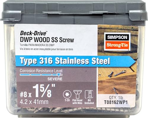 Simpson Strong-Tie T08162WP1 Deck-Drive DWP Wood SS Screw — #8 x 1-5/8 in. T20, Flat Head, Type 316 (1 lb.)