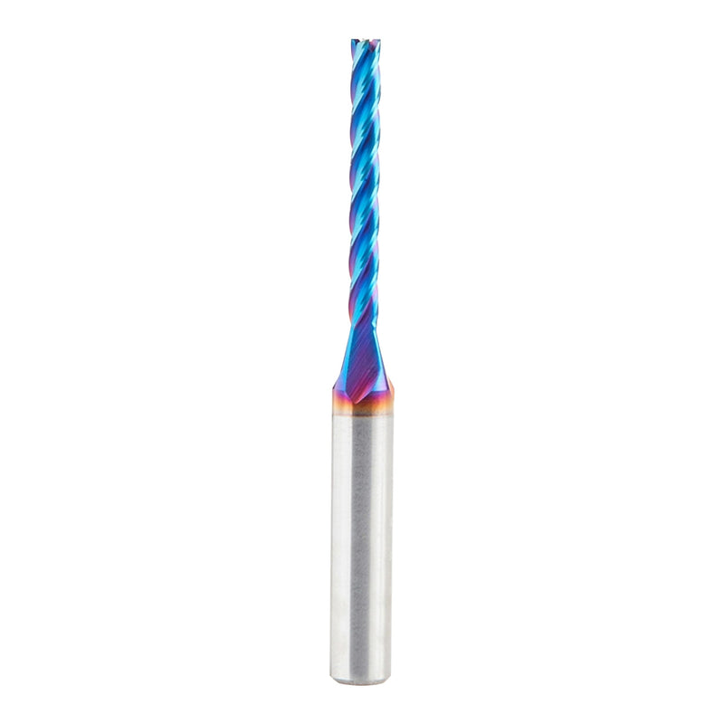 Amana Tool Up Cut Solid Carbide Spiral 2D/3D Carving Router Bit, 46292-K, Flat Bottom 0.10 Deg A x 1/8 D x 1-3/32 x 1/4 Sh x 2-½” L x 4 Flute 1/8 inches x 2-1/2 inches
