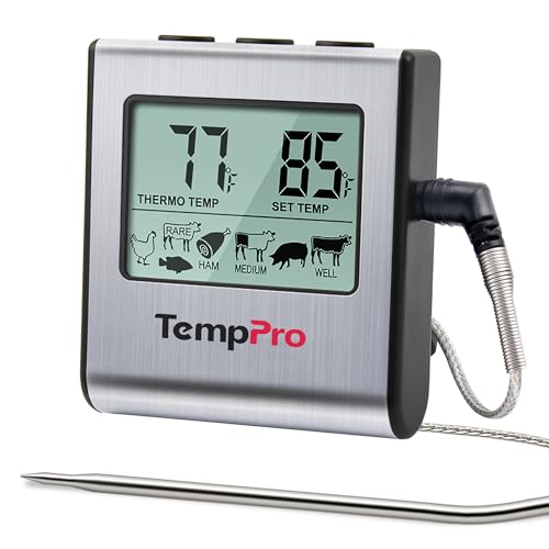 TempPro TempTrack Large LCD Digital Meat Thermometer for Cooking, Smoking Light Silver