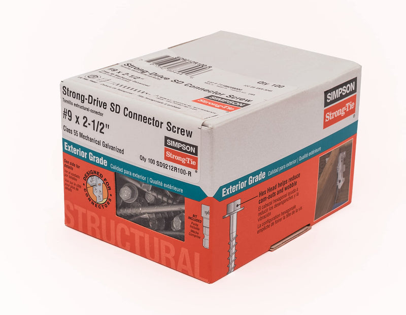 Simpson Strong-Tie SD9212R100-R - #9 x 2-1/2 Inch Strong Drive SD Connector Screws - 1/4 Inch Hex Head, Galvanized Coating, Hex Bit Included, for Construction, Home Improvement (Box of 100) Pack of 1