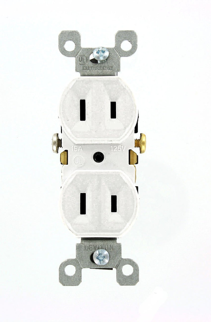 Leviton 223-W 15 Amp, 125V, Duplex Receptacle, Residential Grade, Non-Grounded, White, 10-Packwhite 10 Pack