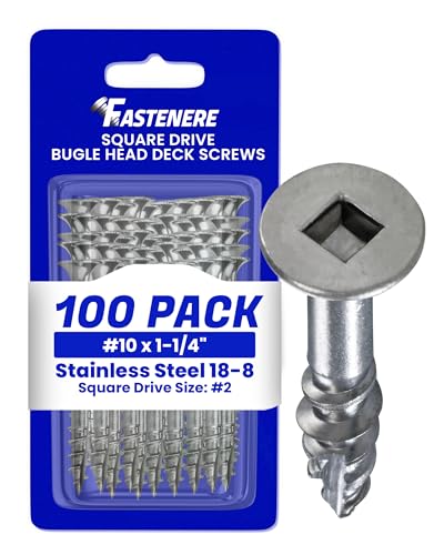 Fastenere Stainless Steel 18-8 Deck Screws - #10 x 1-1/4" (100 Pack) Wood Cutting Point, Square Drive, Partial Thread, Bright Finish for Wood, Exterior, Decking, Composite, Fencing, Type 17 Point 100 Pack #10 x 1-1/4"
