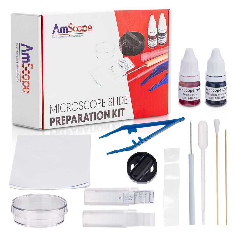 AmScope Microscope Slide Preparation Kit - Includes Blank Microscope Slides, Eosin Red & Methylene Blue Stain Powders, Tweezers, Swab & More - 22-Piece Kit 1 Count (Pack of 1)