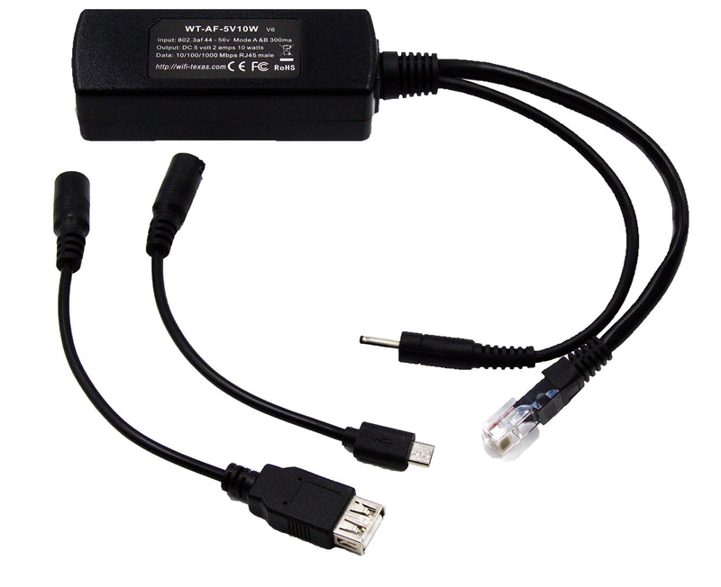 PoE Texas GAF-USB | 802.3af PoE Splitter Compatible with iPads and Tablets with 5 Volt 10 Watt Output - Includes USB-A and Micro-USB adapters