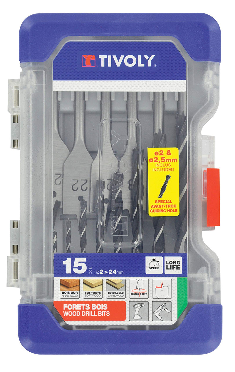 TIVOLY - Wood Drill and Bit Set - for Softwood Drilling - 15-Piece Kit: 9 HSS Drill Bits with 3 Points Ø1/12.5" to 3/8" + 6 Flat Wood Bits Ø9/16-1"