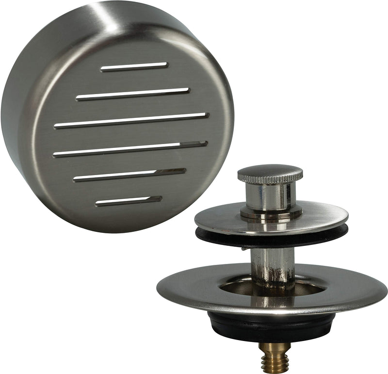 AB&A 60111 Tub Drain Trim Kit with Push eN Lift Stopper, Classic High-Capacity Overflow Plate, and Press-in Strainer Cover, Satin Nickel