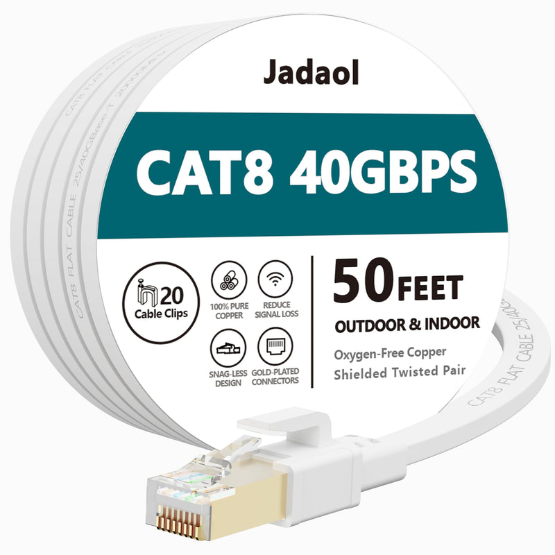 Jadaol Cat 8 Ethernet Cable 50 ft, 40Gbps 2000MHz Flat RJ45 S/FTP LAN Patch Cable, High-Speed Cat8 Network Cable for Router, Modem, Switch, Gaming Consoles, PC, Home Network & Streaming Devices, White 50ft