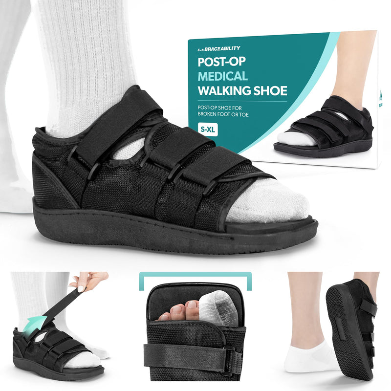 BraceAbility Post Op Shoe - Adjustable Orthopedic Medical Walking Boot for Broken Foot, Broken Toe, Stress Fracture and Injuries, Universal Cast Shoe for Men and Women After Foot Surgery (M - Female) Medium (Women's 6-7 / Kids' 4.5-5.5)